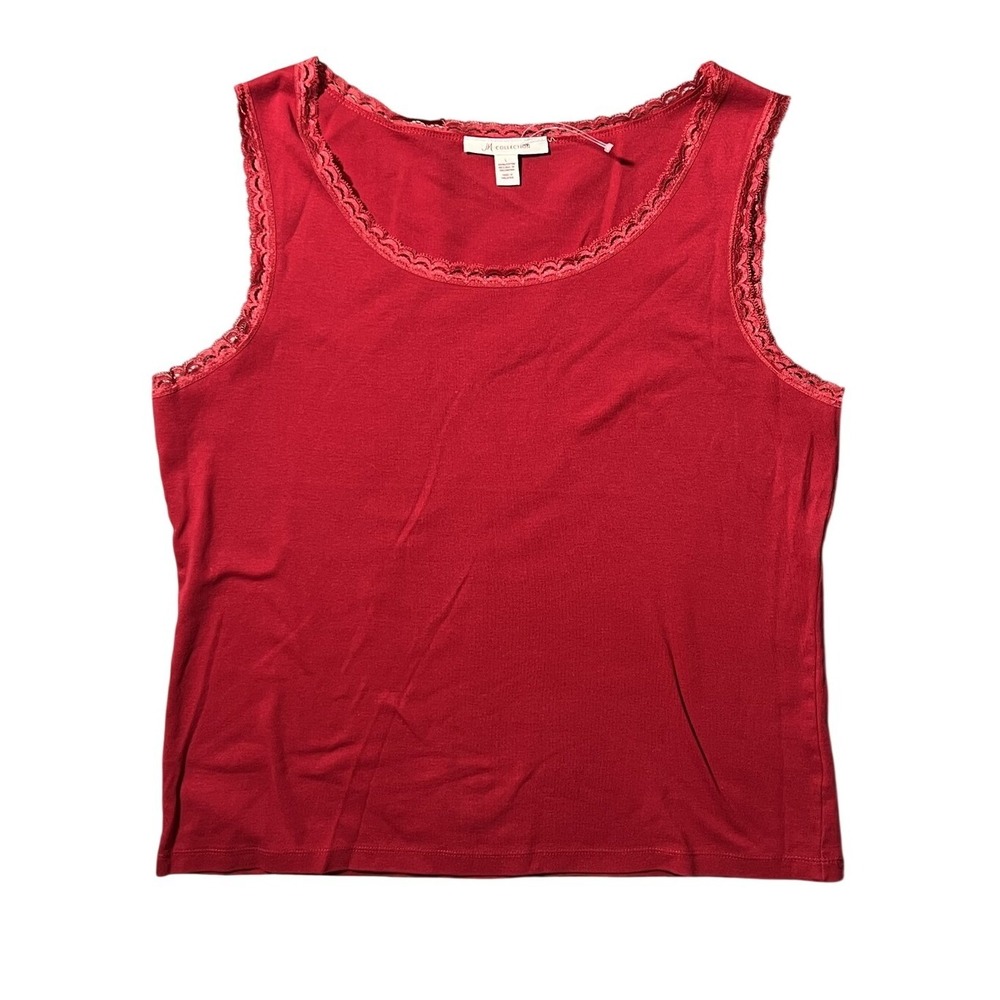JM Collection Women's Red Lace Trim Cotton Tank Top‎ Size L